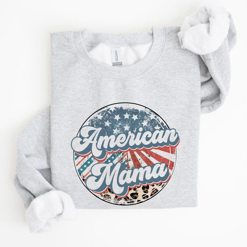 American Mama Leopard Print Patriotic 4th of July Sweatshirt, Women's Crew Neck, Crewneck T-Shirts, Hoodie | GrindPrints.com