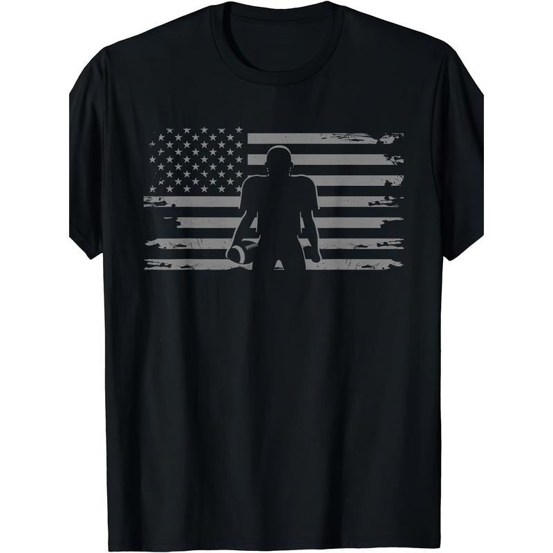 American football Player silhouette print men's crew neck short sleeve cotton T-shirt, casual summer T-shirt, suitable...