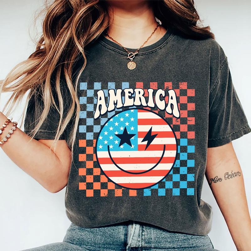 Ametica Checkerboard Retro Shirt, USA Vintage Unhinged Shirt, 4th Of July Graphic Printed Tee, Independence Day Happy...