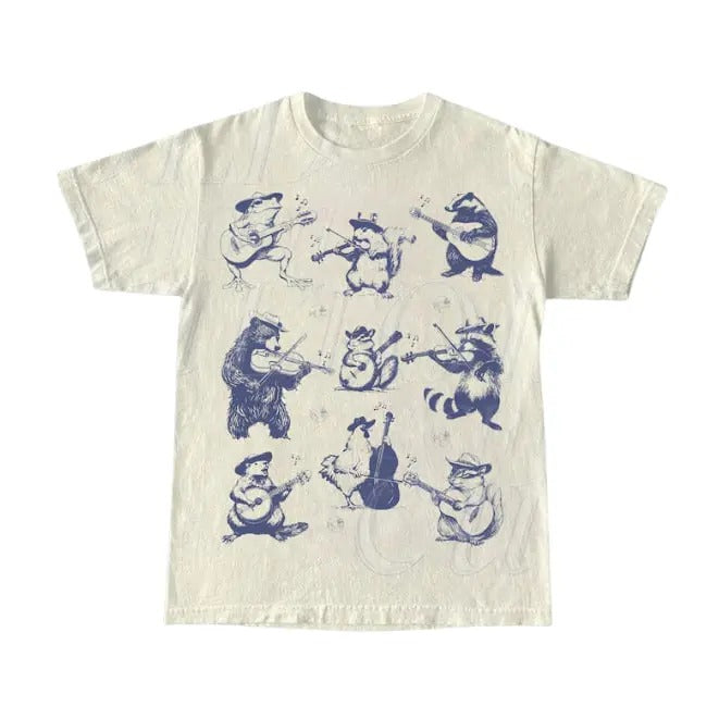 Animal Musicians 90s Tattoo Vintagse Style Tshirt, Retro Animal Music Lovers Cute Nature Shirt, Bear Playing Guitar,...