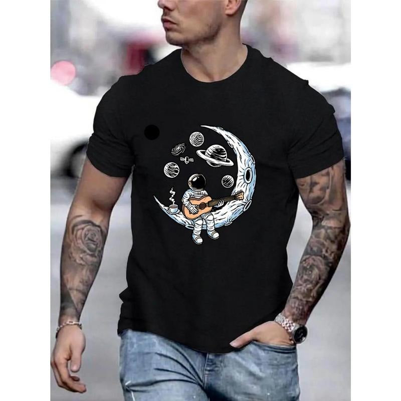 Anime Astronaut And Moon Graphic Print, Men's Novel Graphic Design T-shirt, Casual Comfy Tees For Summer, Men's Clothing...