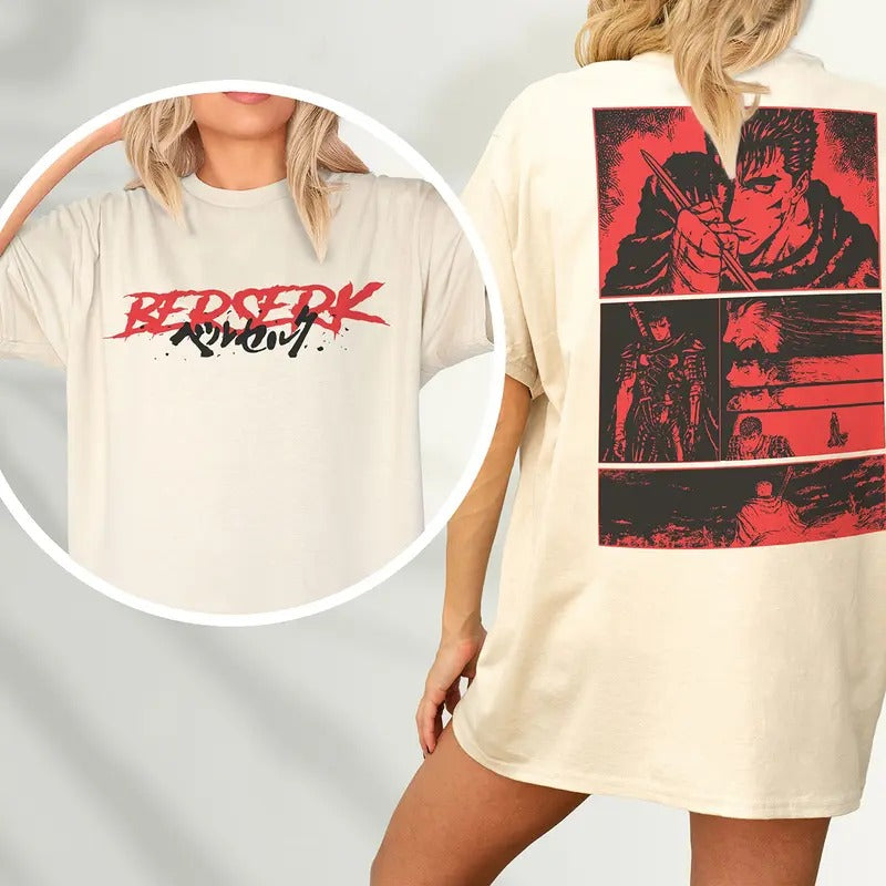 Anime Graphic T-Shirt, Grunge 90s Japanese Manga Tee Shirt with back Print, Go Berserk for Retro Character Streetwear,...