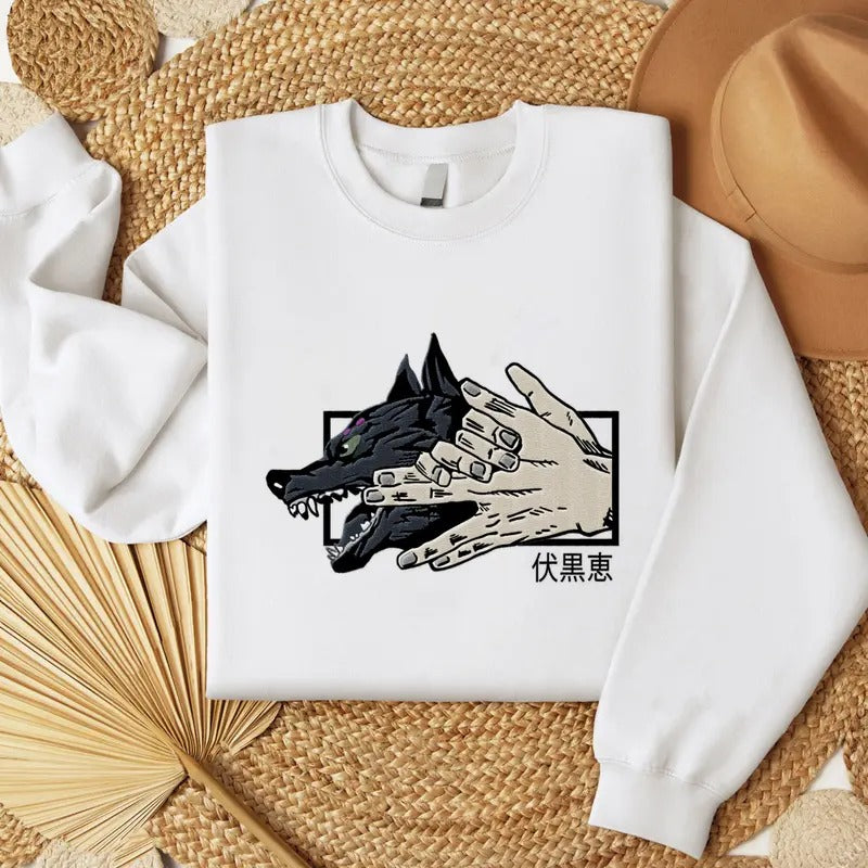 Anime JJK Embroidered Sweatshirt, Embroidered Anime Megumi Shirt, Divine Dogs Embroidered Shirt Hoodie | GrindPrints.com