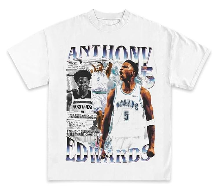 Anthony Edwards Newspaper Graphic T-Shirt | Y2K Vintage Basketball Rap Tee, Heavyweight Shirt for Men & Women Top...