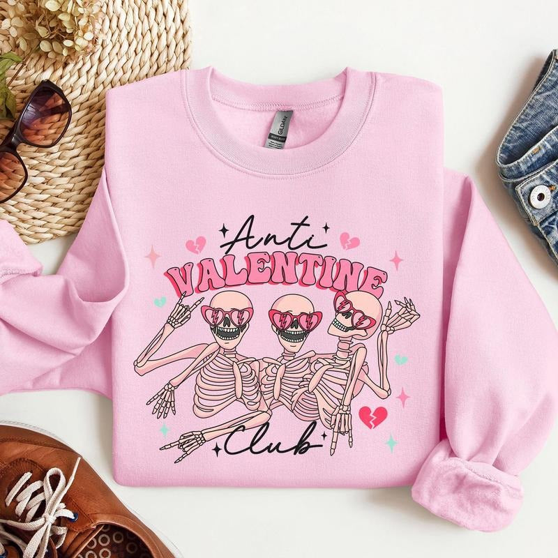 Anti Valentine's Club, Skeleton, Sweatshirt, Valentine's Day, Crew Neck, Women's, Crewneck, Valentine's Day, Love, Heart,...