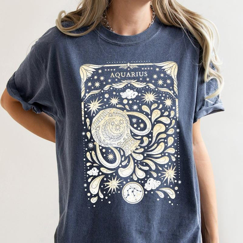 Aquarius Celestial Zodiac Comfort Colors Tees, Horoscope, Astrology Hoodie, Sweatshirt | GrindPrints.com