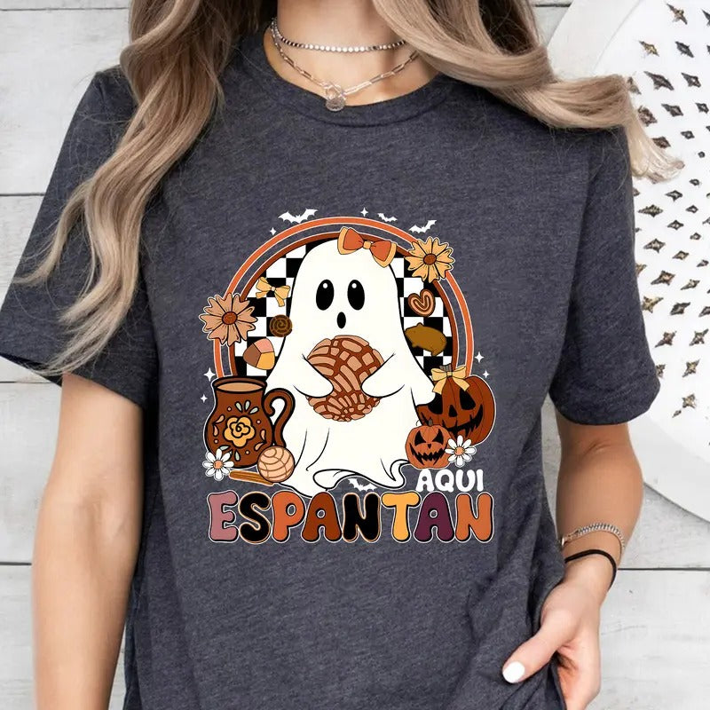 Aqui Espantan Ghost Shirt for Halloween, Spooky Conchas Mexican Ghost Tshirt for Women, Regalos en Espanol, Cute Spanish...