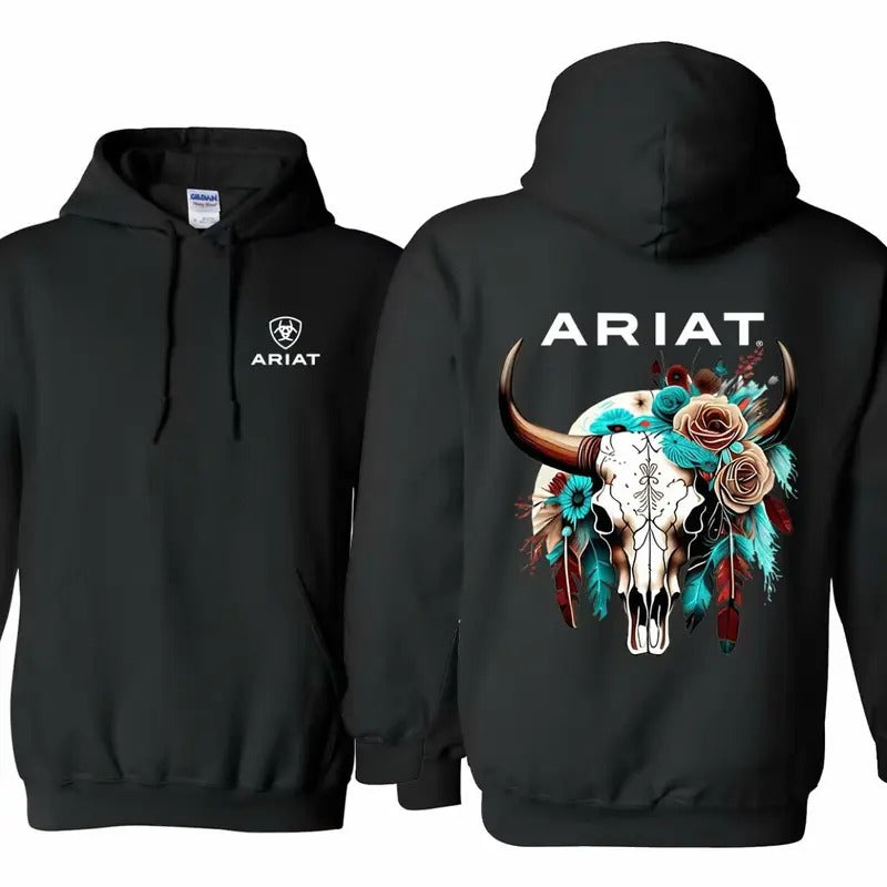 Ariat Hoodie - Unisex Hoodie, Featuring A Wild Bull Skull Design With Intricate Floral Patterns, Perfect For Outdoor...