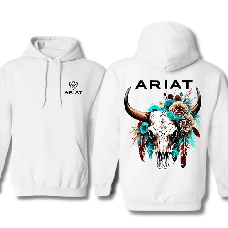 Ariat Hoodie T-shirt Sweatshirt, Ariat Bull Skull & Floral Long sleeves, Perfect Outdoor Menswear For Every | GrindPrints.com