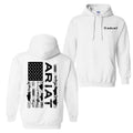 Ariat Patriotic Flag Hoodie Sweatshirt T-Shirt, Small Ariat Logo On Front, Large American Flag Design On Back