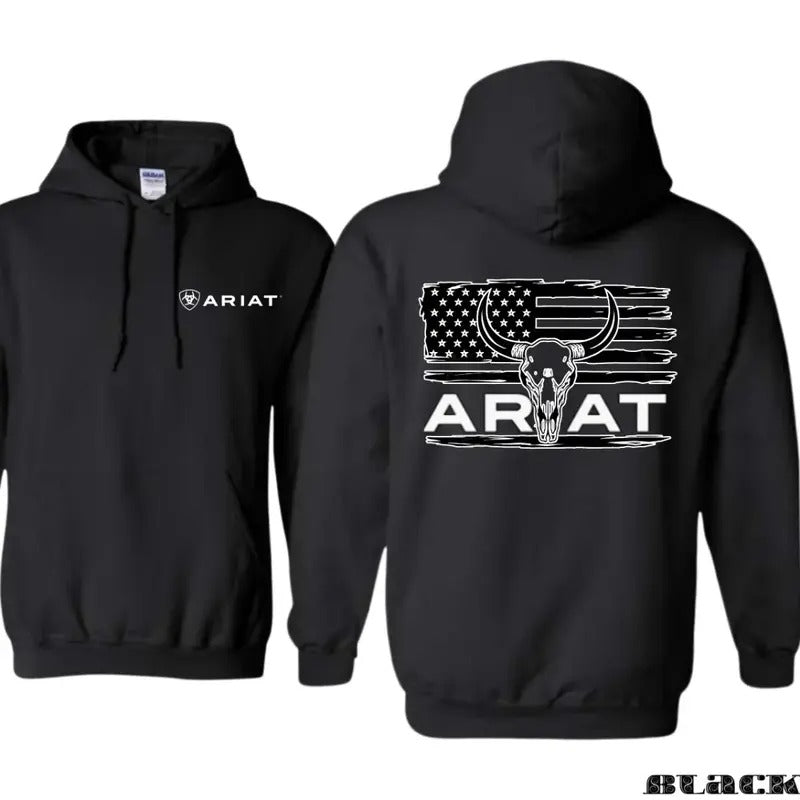 Ariat Unisex Hoodie - Bold Bull Skull & American Flag Design for a Rugged, Edgy Look, Perfect for fans of daring and...