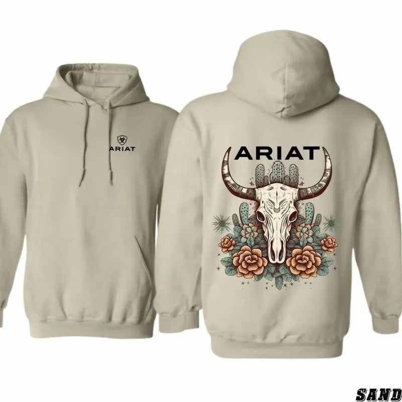 Ariat Unisex Hoodie - Bull Skull Design with Cactus Floral Patterns, Perfect for Outdoors, Casual Hoodie, and Classic...