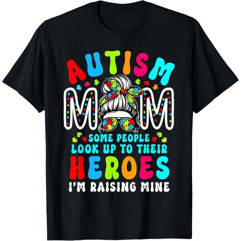 Autism Mom Raising Hero Groovy Messy Bun Autism Awareness T-Shirt Hoodie, Sweatshirt | GrindPrints.com
