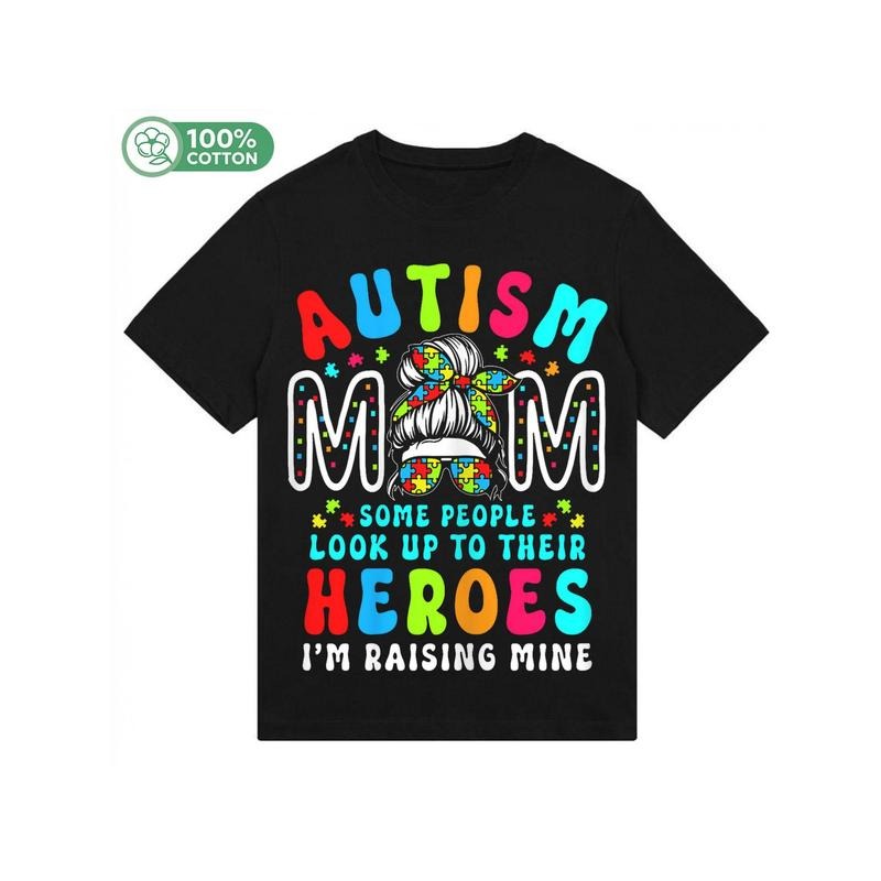 Autism Mom Raising Hero Groovy Messy Bun Autism Awareness T-Shirt, 180g Hoodie, Sweatshirt | GrindPrints.com