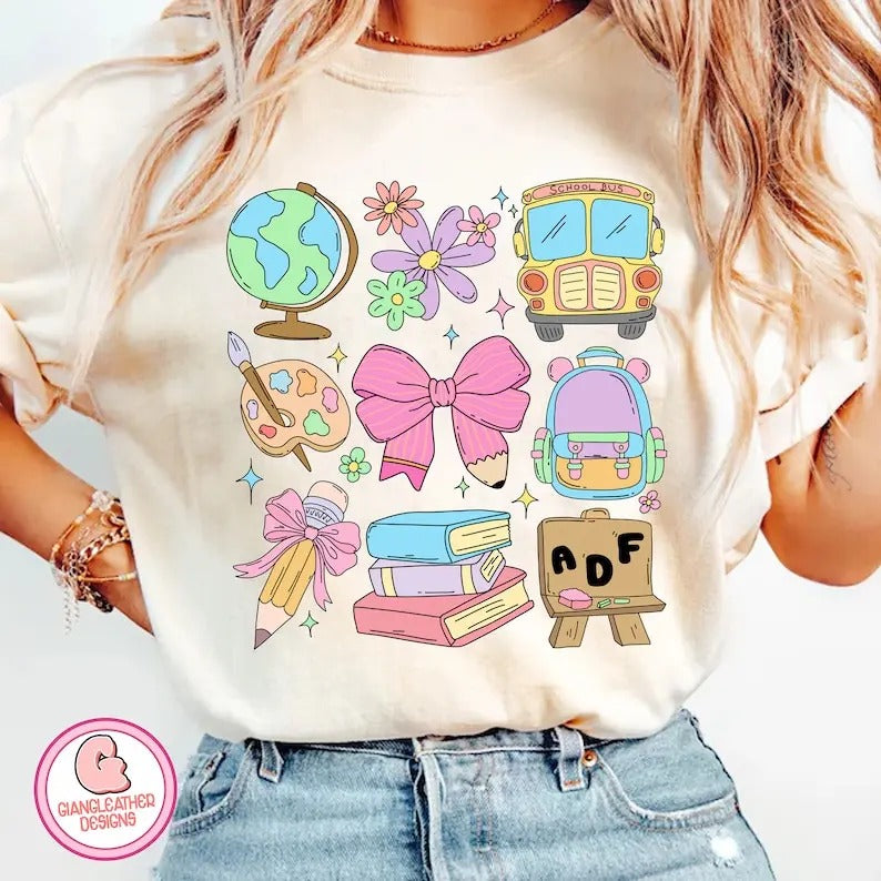Back to School Coquette T-Shirt, back to school Shirt, School bus Shirt, Books Tee, Globe Shirt, Flowers Shirt, Girl...