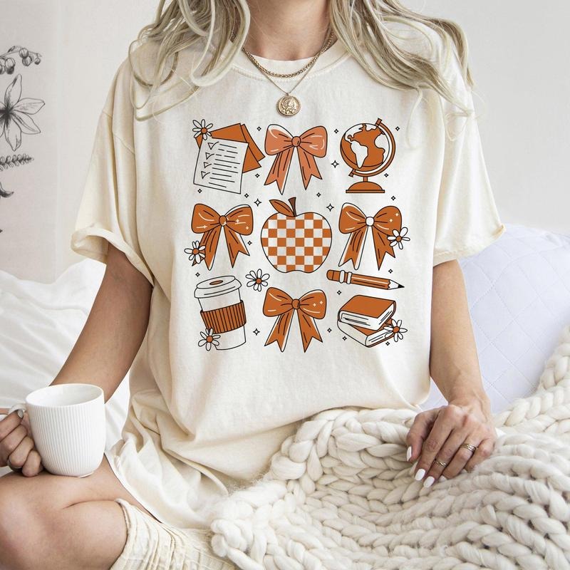 Back School Bow Teacher Icons Coffee First Day School Cute Teacher Appreciation Coquette Comfort Colors T-Shirts, Hoodie, Sweatshirt