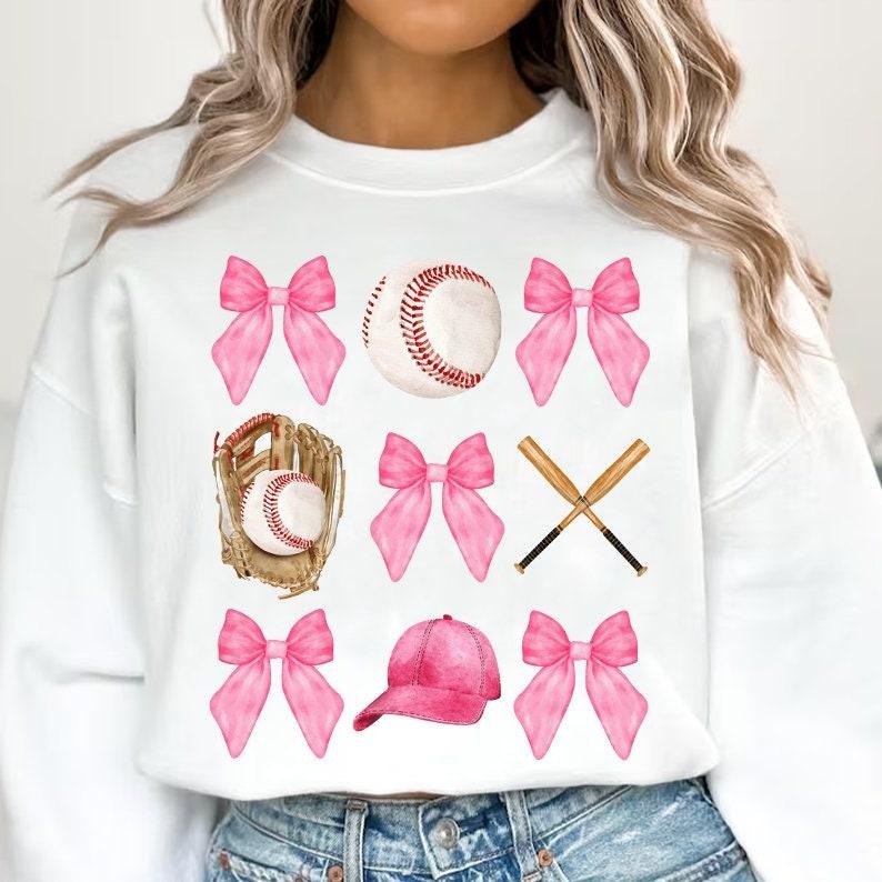 Baseball Coquette Bow Sweatshirt, Soft Girl Era, Baseball Tee, Pink Bow Baseball Sweater, Baseball Sweatshirt, Gifts For...