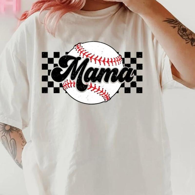 Baseball Mama Checkered Shirt ~ Relaxed Fit Printed USA Womenswear Casual Comfort Cotton Top Athletic Boho T-Shirts, Hoodie, Sweatshirt