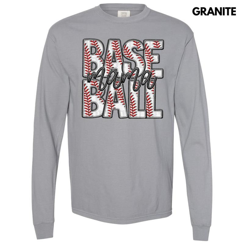 Baseball Mama Faux Embroidery Long Sleeve Comfort Colors T-Shirt Hoodie, Sweatshirt | GrindPrints.com
