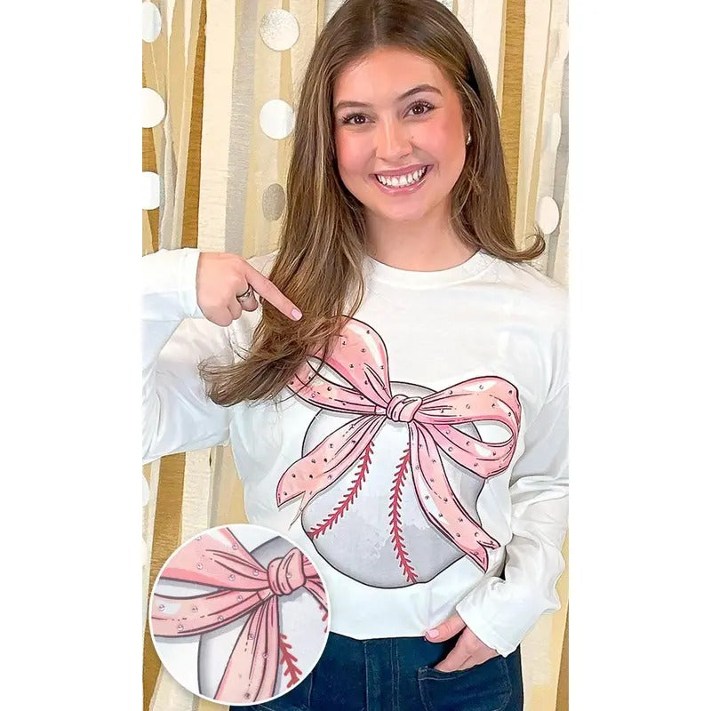 Baseball Pink Bow Rhinestone Graphic Long Sleeve Shirt Hoodie, Sweatshirt | GrindPrints.com