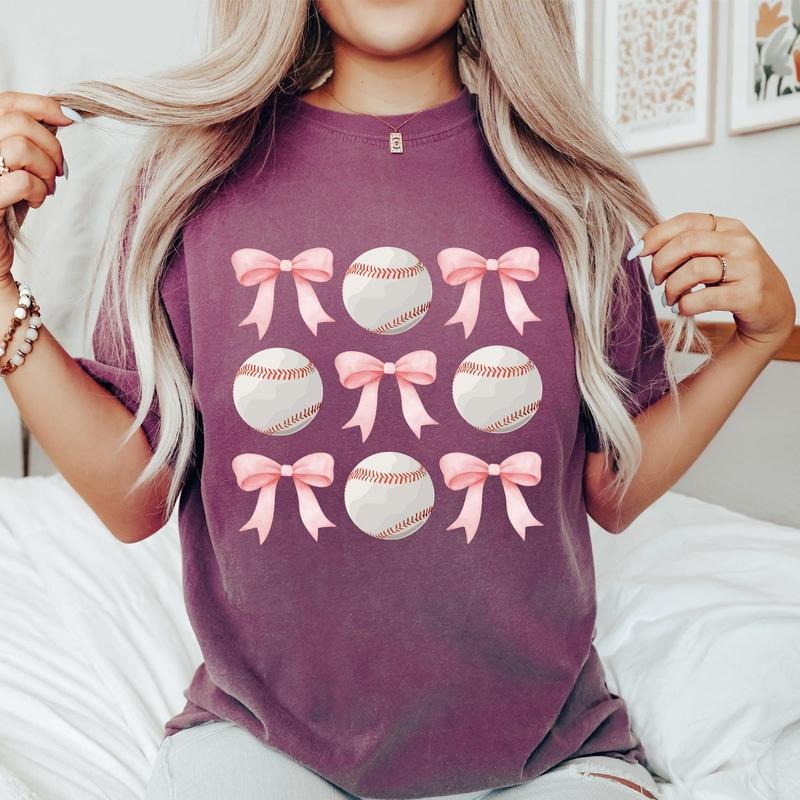 Baseball, Pink Bows, Mother, Mama, Sports, Coquette Tshirt, Women's Crew Neck, Crewneck Hoodie, Sweatshirt | GrindPrints.com