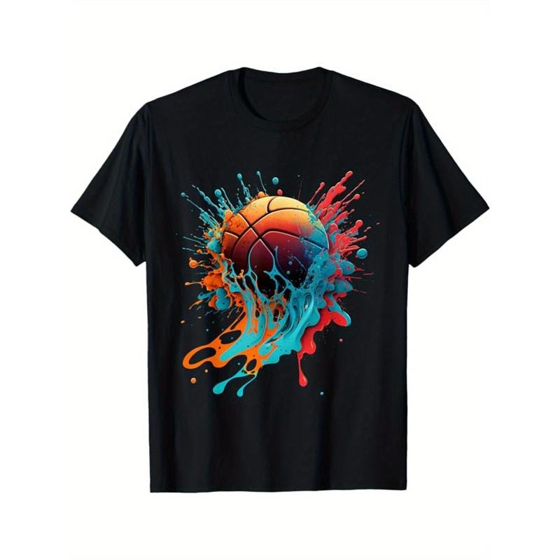 Basketball Printed, Men's Cotton T-shirt, Casual Short Sleeve Round Neck Tee, Soft Comfortable Basketball Players Top,...