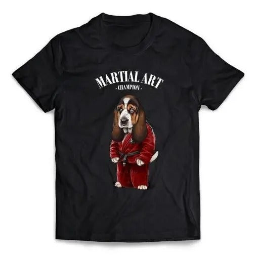 Basset Hound Dog Sensei in Red Judogi Karate Martial Art Champion - Short-Sleeve Unisex, Men Made in USA T-Shirts,...