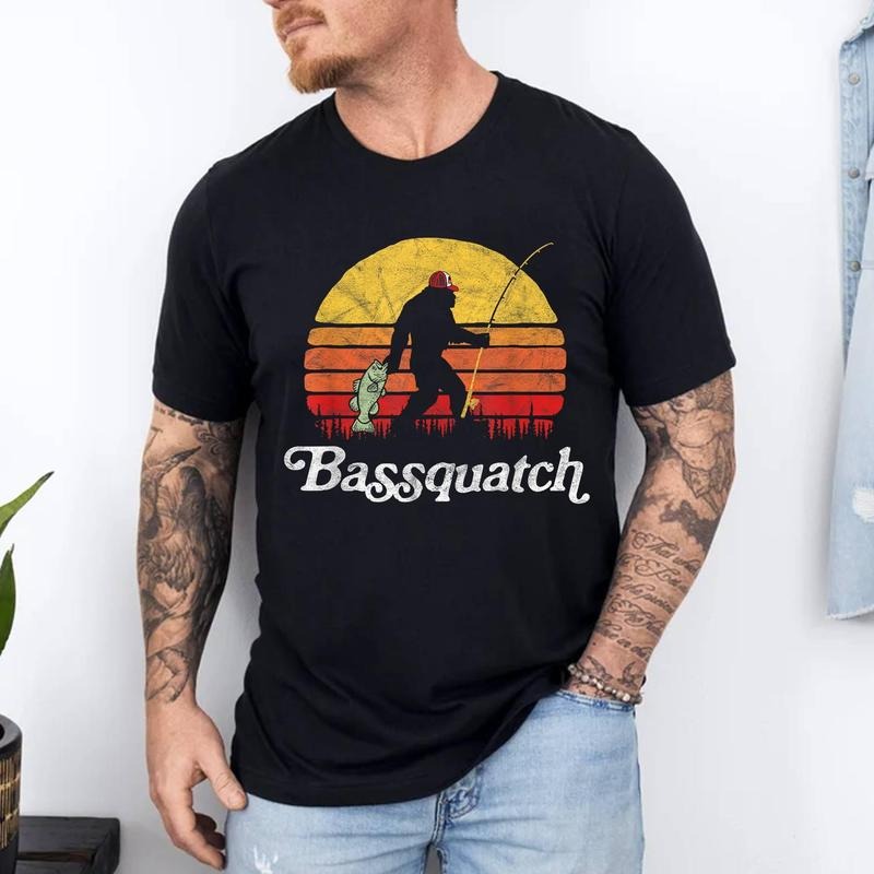 Bassquatch! Funny Bigfoot Fishing Retro T-Shirt | Unisex Cotton Tee, Top Menswear Hoodie, Sweatshirt | GrindPrints.com