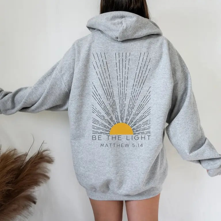 Be The Light Hoodie - Grey with Yellow Sun Design, "Matthew 5:14" Text, Comfortable Cotton Blend, Trendy Western Style,...