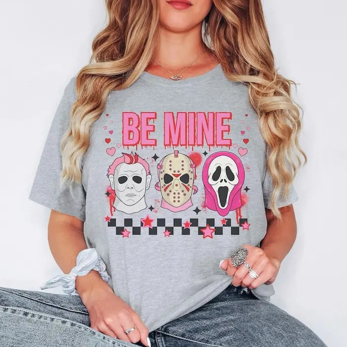 Be mine valentine tshirt, horror movie tshirt, funny Valentines Day graphic tee, pink spooky shirt, scary characters...