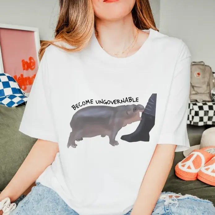 Become Ungovernable Hippo T-Shirt, Moo Deng Funny Shirt Hoodie, Sweatshirt | GrindPrints.com