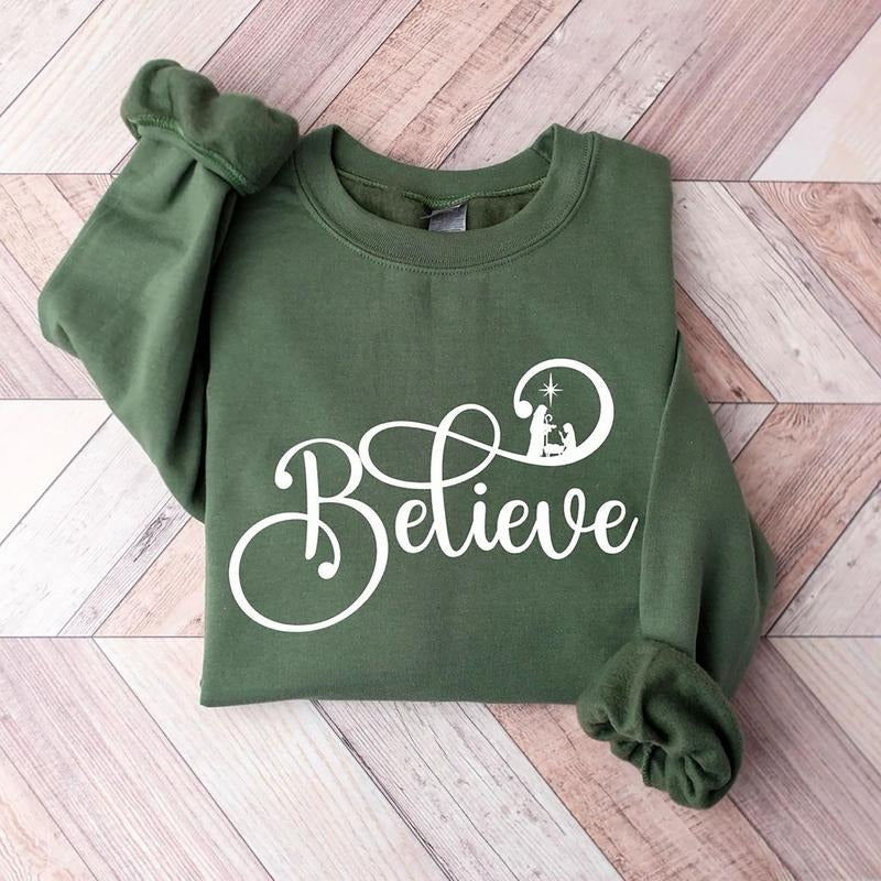 Believe Christmas Sweatshirt, Christian Christmas Shirt, Religious Xmas Hoodie, Jesus Nativity Scene Sweater Christian...