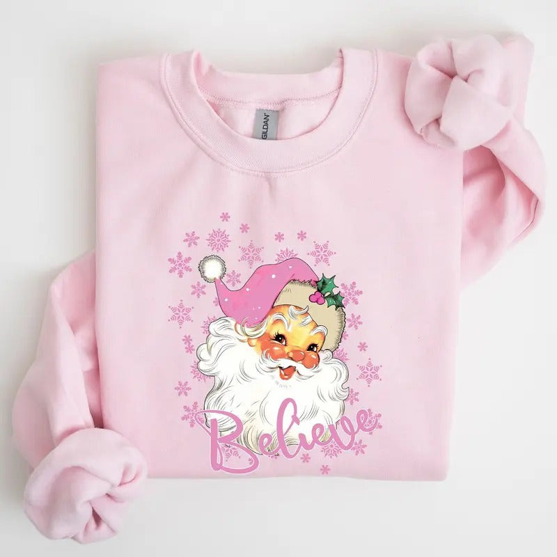 Believe Pink Santa Snowflakes Winter Snow Xmas Crew Neck T-Shirts, Hoodie, Sweatshirt