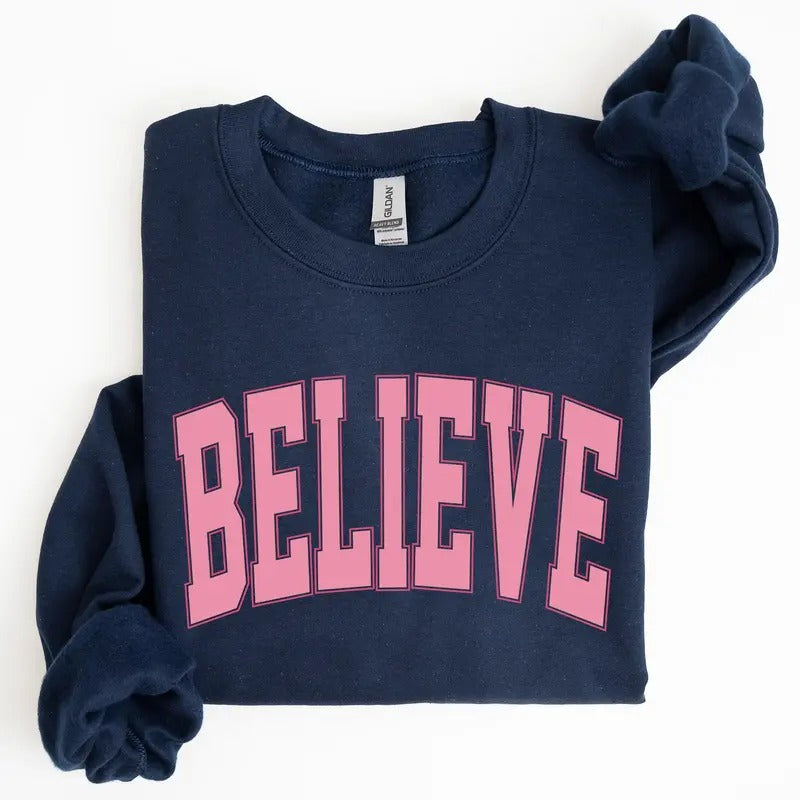 Believe, Varsity, Collegiate, Christmas, Santa, Winter, Xmas Sweatshirt, Women's Crew Neck, Crewneck T-Shirts, Hoodie