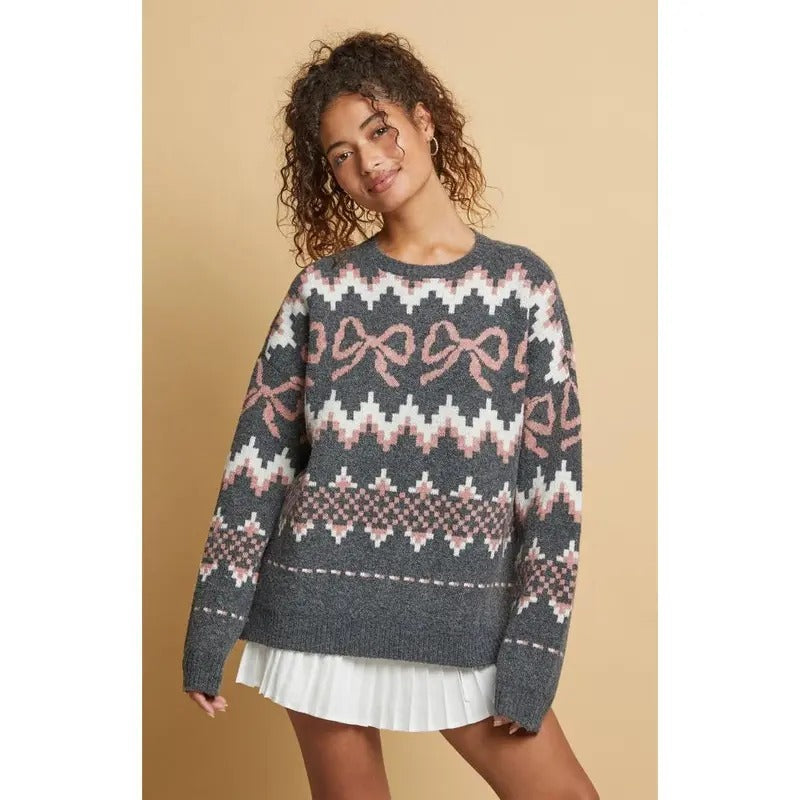 Beverly and Beck Women's Bow Fair Isle Oversized Sweater T-Shirts, Hoodie, Sweatshirt | GrindPrints.com