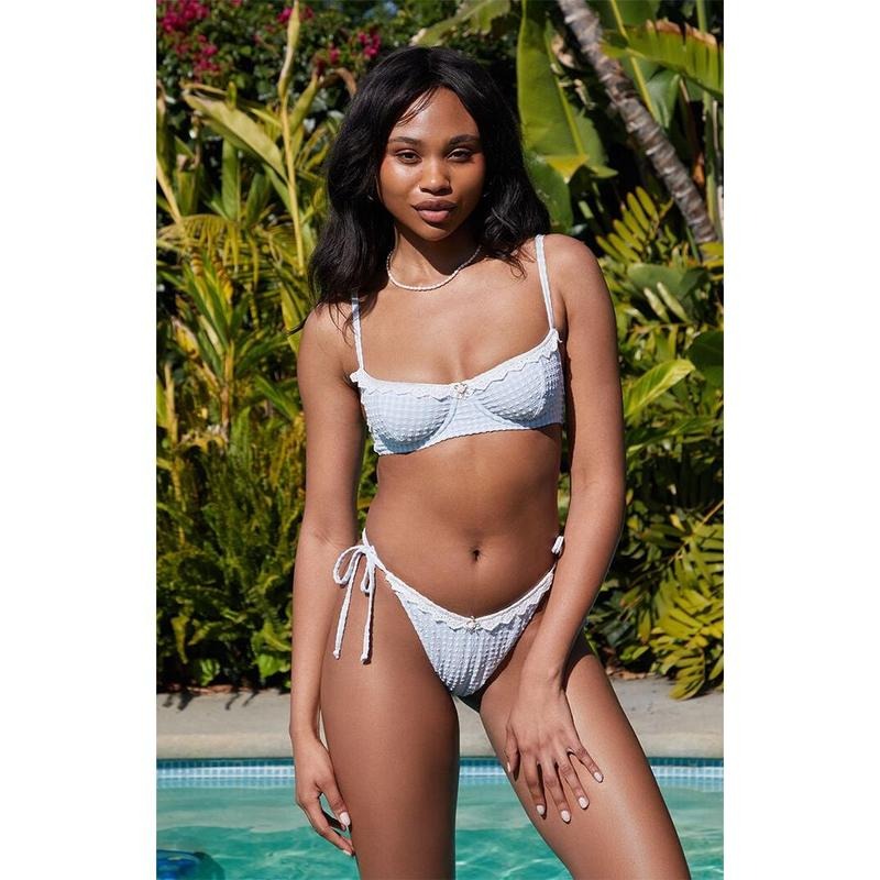 Beverly and Beck Women's Carson Gingham Textured V Tie Side Bikini Bottom T-Shirts, Hoodie, Sweatshirt | GrindPrints.com