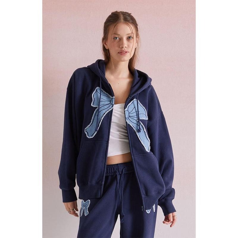 Beverly and Beck Women's Denim Bow Applique Zip Up Hoodie T-Shirts, Sweatshirt | GrindPrints.com