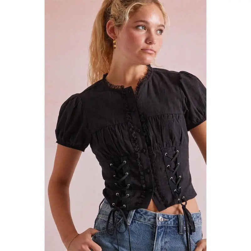 Beverly and Beck Women's Gabbie Lace Up Short Sleeve Top T-Shirts, Hoodie, Sweatshirt | GrindPrints.com