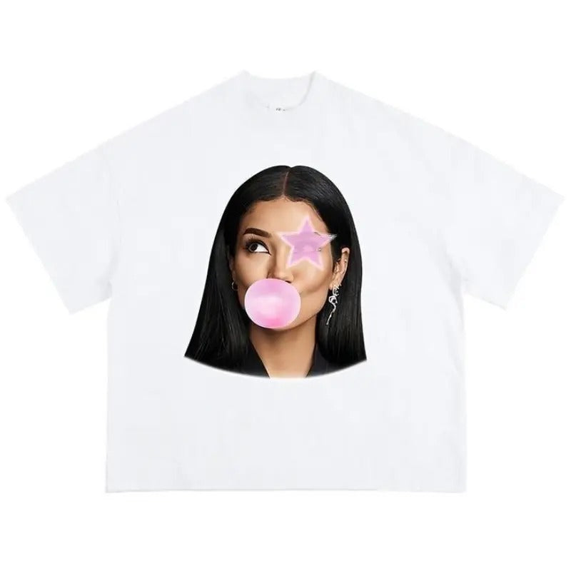 Big Face Jhenee Pink Star Bubble Gum Graphic T-shirt Cotton Fabric Top Womenswear Hoodie, Sweatshirt | GrindPrints.com
