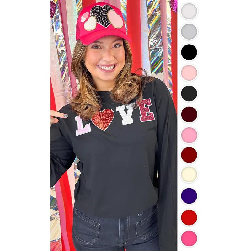 Big Heart Love Sequin Valentine Graphic Long Sleeve T-Shirt Hoodie, Sweatshirt | GrindPrints.com