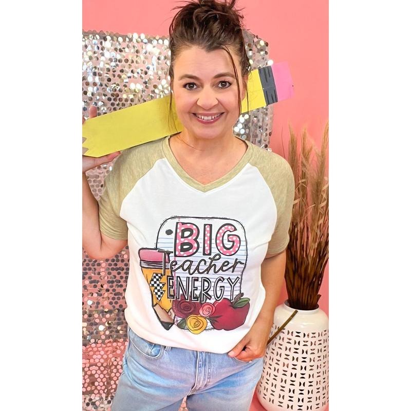 Big Teacher Energy Graphic Natural-Olive V-Neck T-Shirts, Hoodie, Sweatshirt | GrindPrints.com