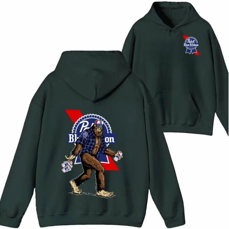 Bigfoot Pabst Blue Ribon 2 Sided Hoodie Sweatshirt T shirt, Bigfoot Beer Hoodie, Gif For Him, Printed Cotton Long Sleeve...