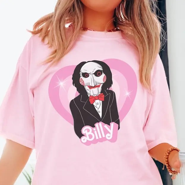 Billy doll tshirt, horror movie doll tshirt, funny Halloween graphic tee, pink spooky shirt, retro aesthetic, scary...