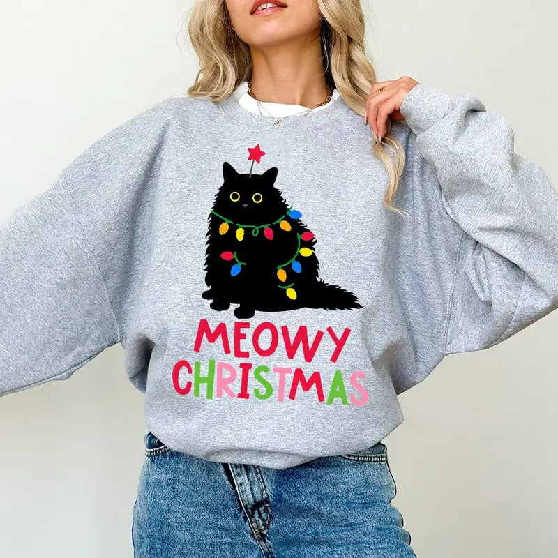 Black Cat Christmas Sweatshirt, Cat Christmas Sweatshirt, Cat Lover Xmas Shirt, Christmas Cat Mom Sweater, Catmas...