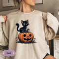 Black Cat Pumpkin Sweatshirt, Halloween Season Hoodie, Graphic Black Cat Halloween Hoodie, Vintage Halloween Hoodie,...
