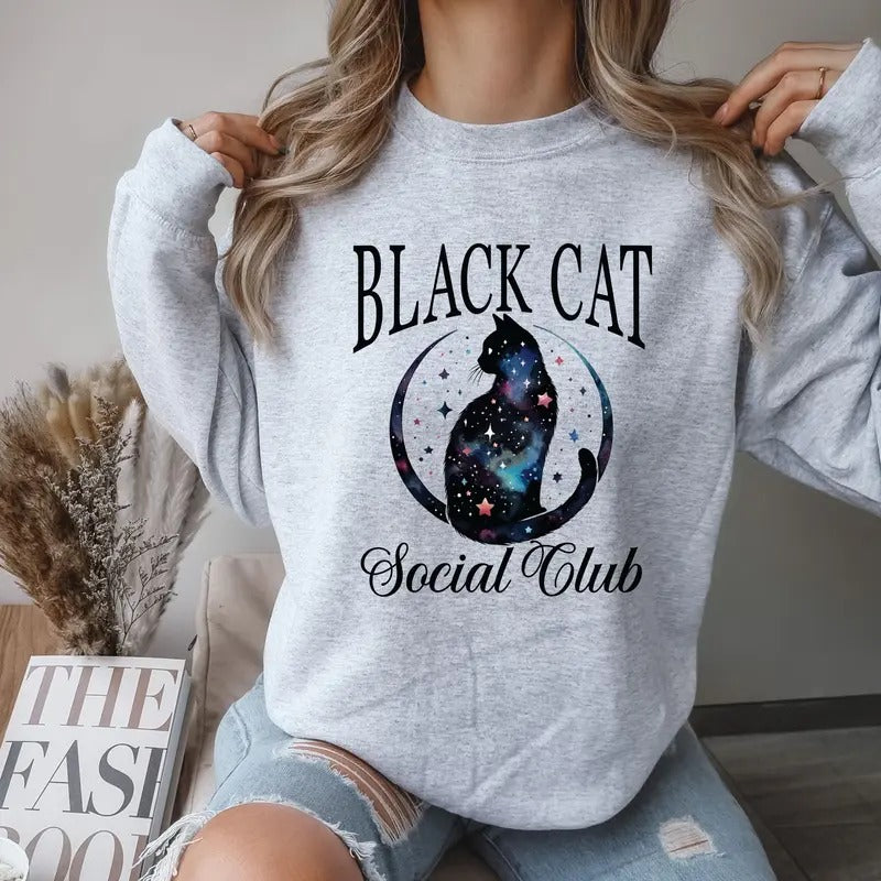 Black Cat Social Club Halloween Crewneck Sweatshirt T-Shirts, Hoodie | GrindPrints.com