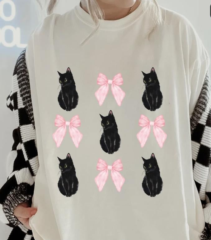 Black Cat Bows Shirt ~ Relaxed Fit Printed USA Womenswear Casual Comfort Cotton Top Athletic Boho Chicbrown Chihuahua T-Shirts, Hoodie, Sweatshirt