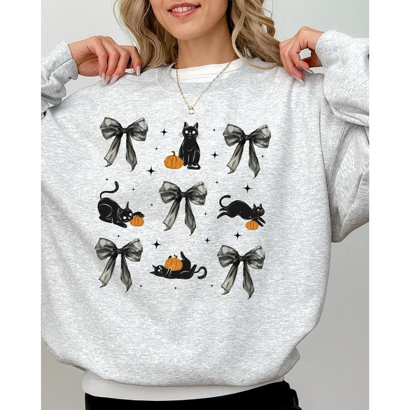 Black Cat, Coquette Ribbons and Bows, Halloween, Cute, Girly, Autumn, Fall Sweatshirt T-Shirts, Hoodie | GrindPrints.com