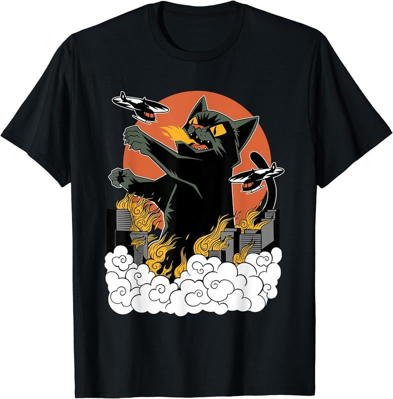 Black Japanese Catzilla Sunset T-Shirt | Tee for Men & Women | Cotton Hoodie, Sweatshirt | GrindPrints.com