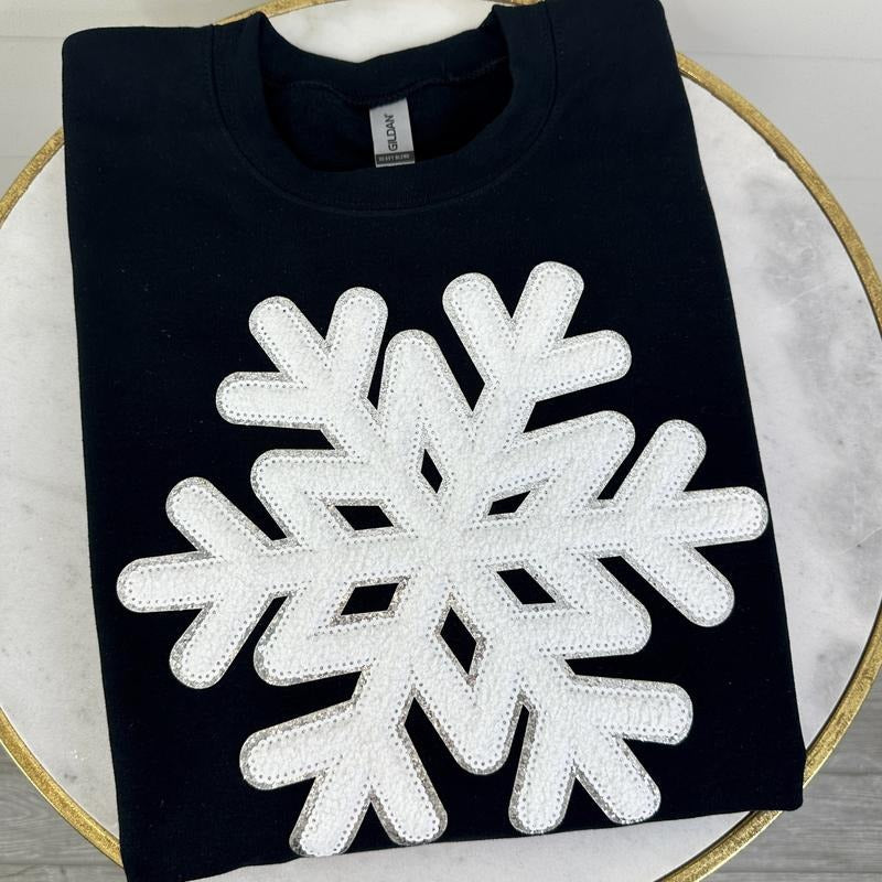 Black Snowflake Sequin Patch Gildan Sweatshirt T-Shirts, Hoodie | GrindPrints.com